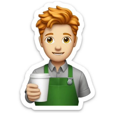 A barista boy ginger hair in a green apron holding a cup of coffee sticker