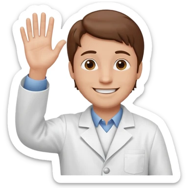 Hombre con bata blanca piel clara y cabello café saludando sticker