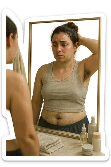 Donna tra i 25 e i 35 anni in un bagno o camerino, con espressione affaticata e leggermente imbarazzata, mentre si osserva allo specchio. È visibile una sudorazione abbondante sulla fronte e sotto le ascelle, e si notano peli più marcati su viso (mento o baffetti), addome e braccia. Indossa abiti leggeri o sportivi, e ha accanto a sé asciugamani e prodotti per la cura della pelle. Atmosfera realistica ma intima, con luce naturale e toni neutri. L'immagine trasmette consapevolezza, frustrazione e il desiderio di trovare soluzioni. Stile realistico, tono empatico e umano sticker