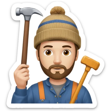 Woodworker goatee knit cap Carharttk shirt hand raised above head sticker