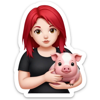 Thick girl with red and black split dye  red hair on left and black hair on right holding her pet pig sticker
