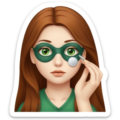 Girl with white skin green eyes and brown long hair putting eye patches under her eyes  sticker