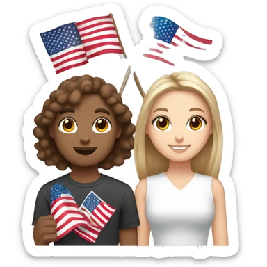 white girl with brown eyes and brown straight hair holding a polish flag in her hands and white guy with brown curly hair holding an american flag in his hands  sticker