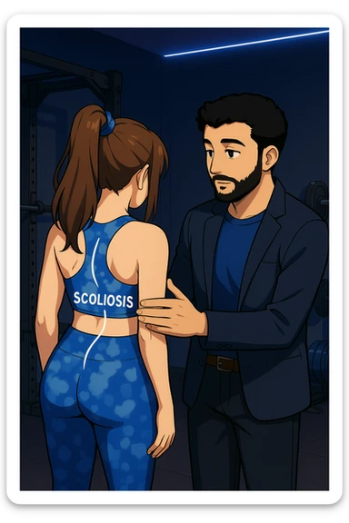 ispirati a questo stile di disegno e fai questa immagine in versione manga/webtoon a colori, il manga mostra la donna di spalle, mentre l'uomo le tocca la spina dorsale per spiegarle come funziona la scoliosi:
Con una scoliosi il baricentro corporeo cade maggiormente da un lato; per non cadere la schiena compensa accumulando tensione sul fianco opposto.
Il risultato? Si inclina e ruota sempre più, fino a che non cede (discopatie, artrosi, ecc) sticker