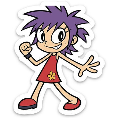 Yumi Yoshimura, cool girl with purple spiky hair, wearing a red dress, inspired by Hi Hi Puffy AmiYumi, confident and playful pose sticker