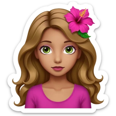 Una ragazza con gli occhi tra il marrone e il verde con gli occhi grandi i capelli lunghi castani quasi biondi lunghi fino alle spalle,poi magra con un top fucsia e uh hibicus sempre fucsia trai capelli  sticker
