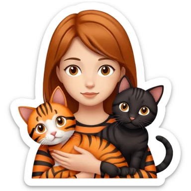 tan brown-haired girl holding two cats, one black cat and one orange tiger-striped cat sticker