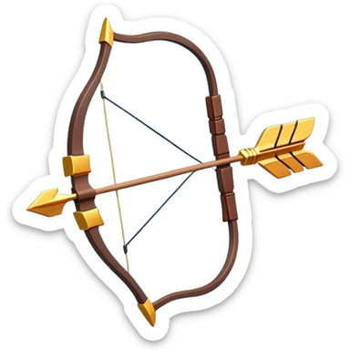 Clash of Clans aesthetic: Cinematic Playful Pixel 3D Bow & Arrow Portrait Emoji, rendered in a 3D vector-style similar to standard emojis with minimal shading and bold, simplified shapes. A compact, distinct form with signature details, softly glowing with a pixelated adventure charm. Simplified yet unmistakably iconic, highly detailed and consistent, glowing with a soft radiance and high shine. Stylized with a touch of classic pixel-art charm and a soft glowing outline, capturing the essence of a beloved gaming relic with a friendly, playful manner! sticker