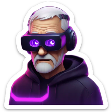 Russian old man wearing a black hoodie with "OMG" letters on it and VR headset in a cyberpunk VR environment with violet neon lighting. sticker