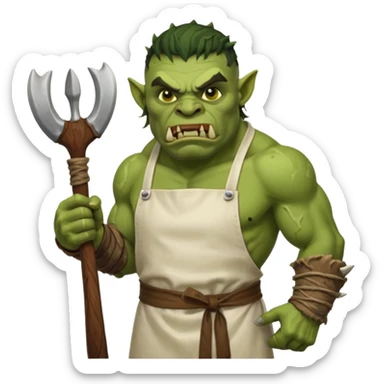 orc male Apron with "Kiss the Cook" (scratched out, replaced with "Fear the Cook"), giant rib bone as a weapon. sticker