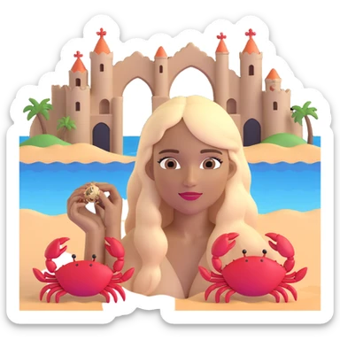 woman with long straight darker blonde hair, light brown skin, with the three iconic arches of Atalaia Beach (Aracaju-SE) in the background, and a small crab as a detail near her sticker