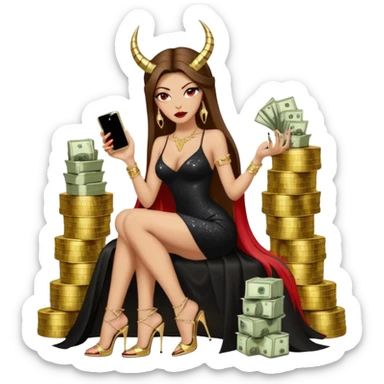 Sensual seductress long brown straight haired sexy drug lord woman with  glitter platform high heels on her feet,  and devil black horns on her head, holding a stack of cash, has a phone in other hand. Sitting on gold cases full of drugs, long black dress with sexy slit sticker