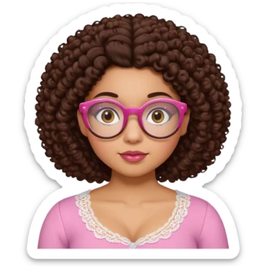 medium-light kinned afro-latina girl with medium length chocolate brown side part curly hair, brown glasses, brown eyes, pink and white sweetheart necklined top with lace, round wide-ish nose, chubby oblong face sticker