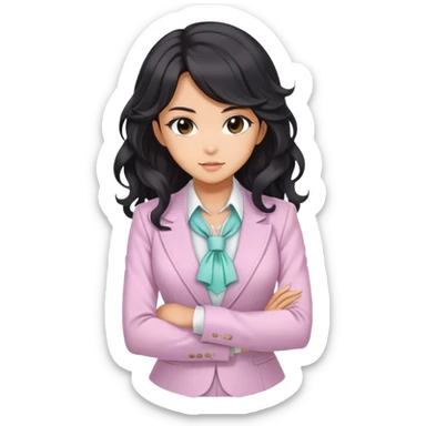 Pretty anime girl with flowing black wavy hair in a professional but feminine pastel outfit, confident boss lady pose sticker