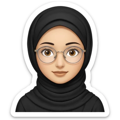 young woman with wheat-toned skin, black eyes, slightly thick natural eyebrows, long eyelashes, wearing a black hijab and thin silver round glasses, gentle warm smile, minimal makeup, modest brown top, subtle gold layered necklace sticker
