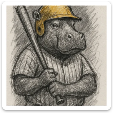hippo holding a baseball bat, wearing a yellow helmet, pinstripes outfit sticker