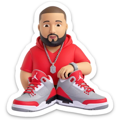 Create a 3D emoji style red DJ Khaled Grateful Air Jordan 3 sneaker in University Red, Black, and Cement Grey colors. The image should show the shoe only, no arms or legs, with detailed 3D rendering including the 'We The Best' tag visible on the shoe. sticker