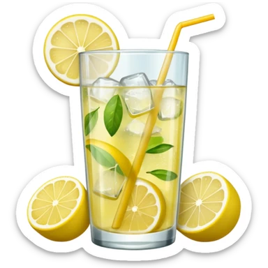 refreshing lemonade in a transparent glass, with ice and lemon garnish sticker