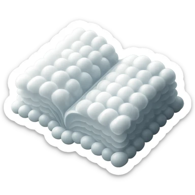 top view of a thick open book made entirely of small, very bright white fluffy convex clouds, matte glass style sticker