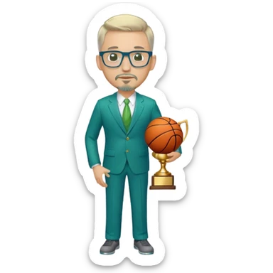 Full Body white  male large size wearing glasses with a goatee with light blonde and gray very short hair basketball head Coach in blue and green suit holding trophy sticker