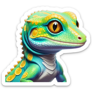 Cinematic Noble Gecko Portrait Emoji, Poised and sleek, with a compact, agile body adorned with textured, mottled scales and luminous, alert eyes accentuated by delicate toe pads and subtle patterning, Simplified yet sharp and sophisticated features, highly detailed, glowing with a soft, ambient jungle glow, high shine, intelligent and vigilant, stylized with an air of exotic elegance, focused and precise, soft glowing outline, capturing the essence of a watchful reptilian guardian that seems ready to scamper out of the screen with effortless agility! sticker