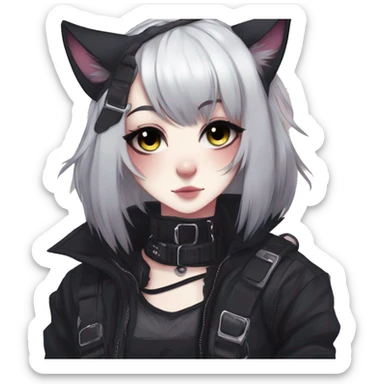 Gorgeous gothic dark techwear anime style anthro black cat furry with blushing face aesthetic and pretty edgy black with collar and harness trending style sticker