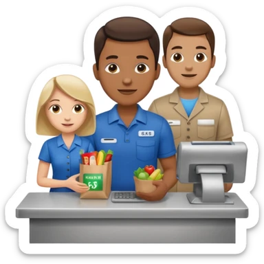 Supermarket employee at a cash register, full body, serving a man sticker