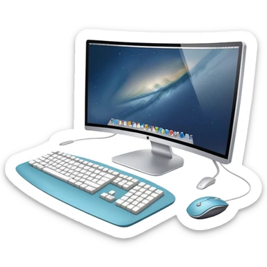 Create an emoji for UX/UI design. Large curved monitor, displaying UX/UI design interface. Include a mouse, keyboard, and stylus, symbolizing the design process. Use modern, professional colors. Do not include any emojis or smiley faces. Make the background transparent. sticker