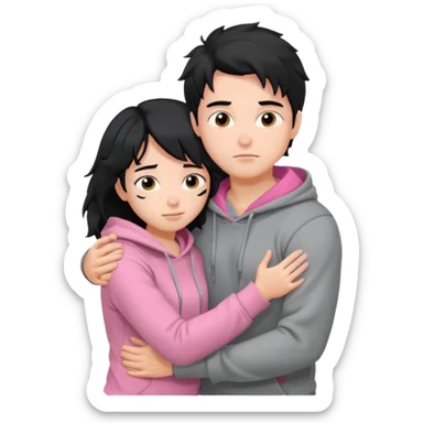 generate a pretty bratz fair skinned boy with messy black hair in a grey hoodie. Hugging his girlfriend who is wearing pink. Make him muscled. Boy in grey hoodie, girl in pink sticker