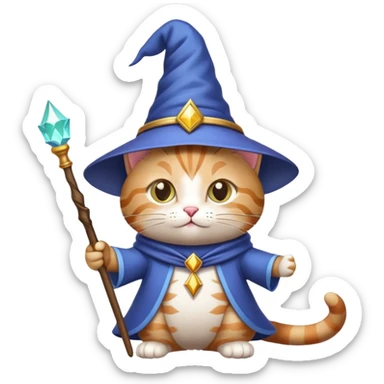 cat wizard with pointy hat and magic wand sticker