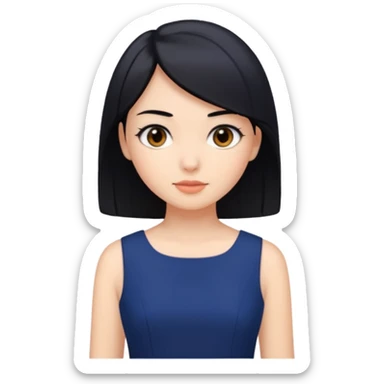 A girl with black hair, dark brown eyes, a beautiful face, short, straight hair to the shoulders, and a navy blue dress. sticker