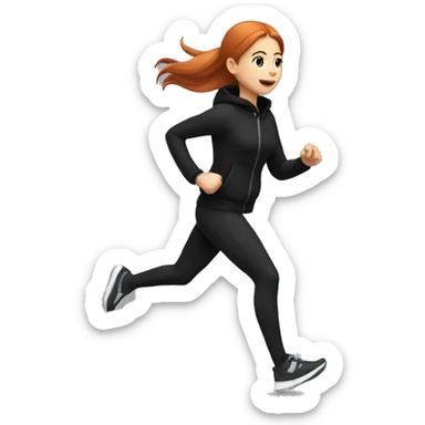 Redhead girl with straight hair, running in all black outfit in winter with white headphones (2D) sticker