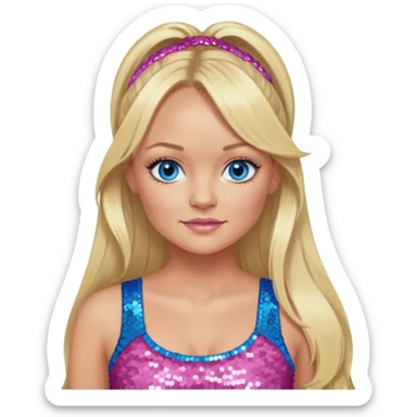 Emma Bunton with long blonde ponytail hair, blue eye, pink sequin crop top sticker