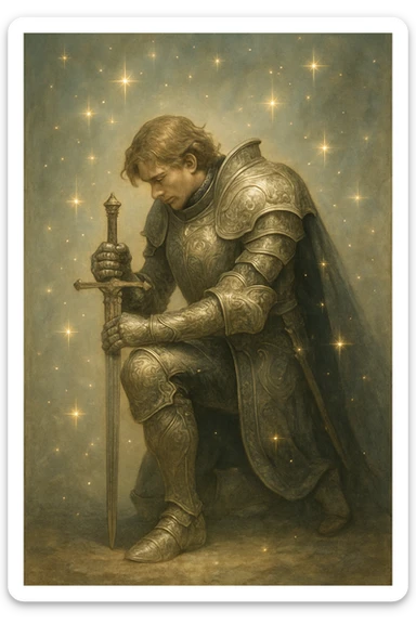 a knight kneeling with sparkles around him, detailed, elegant, fantasy illustration sticker