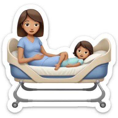 a mom laying down in a “C” position laying close to the she of the bed by her daughters bassinet while still trying to reach far back with her foot to touch her husband  sticker