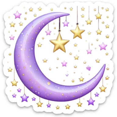 Beautiful sparkly glittery shiny pretty hanging pastel lilac lavender Violet crescent and stars aesthetic deco sticker