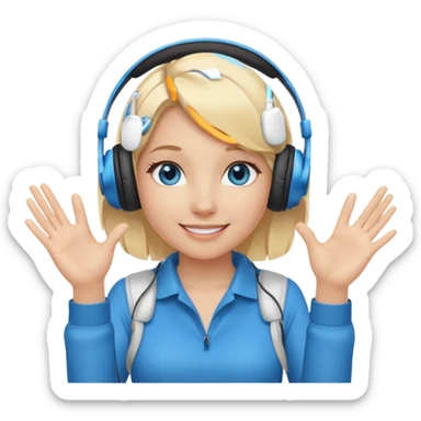 girl with blonde hair and blue eys, having on ears heaphones, with heands telling what  sticker