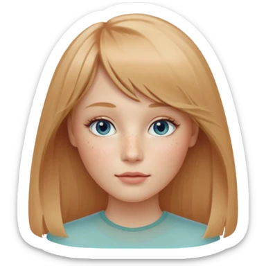 oval-shaped female face, very fair cool-neutral skin, light freckles on nose and cheeks, long fine strawberry-blonde hair parted center, wispy bangs, almond-shaped sea-glass gray-blue eyes, light sandy-blonde arched eyebrows, straight softly rounded nose, medium-full rose-tinted lips sticker