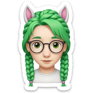 braided unicorn wiith big visible braids looking into the camera spectacled green hair and no ears sticker