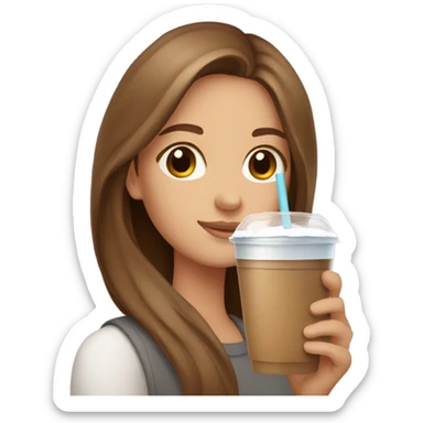 Beautiful woman, straight long light brown hair, brown eyes, cozy holding an iced coffee sticker