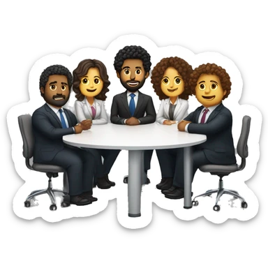 work meeting table 3 men and 4 women sitting on a table wearing suits the women have curly hair and one of the men is fat with a beard and of them is tanned with curly hair sticker