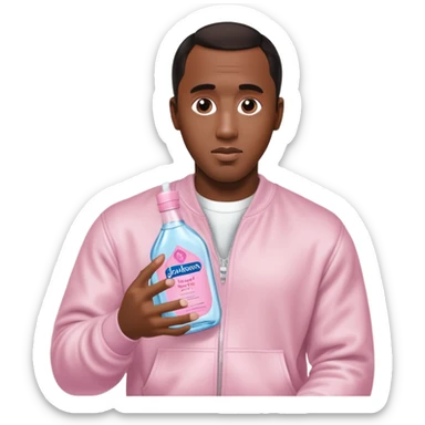 A realistic product shot of a transparent bottle of Johnson’s Baby Oil by Johnson & Johnson, featuring a soft pink label. The oil inside is crystal clear and glossy. Sean "Diddy" Combs is holding the bottle sticker