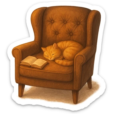 cozy armchair with a cat and a book, warm and inviting sticker