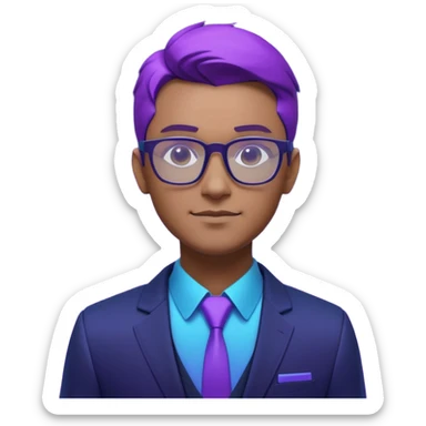 A stylized 3D avatar of a visionary tech CEO, male, wearing glasses and a sleek dark blazer. He has a confident, friendly expression. The lighting is a dramatic gradient of purple and electric blue neon. Rim lighting on the edges of the character. Dark background, cyberpunk minimalist aesthetic. sticker