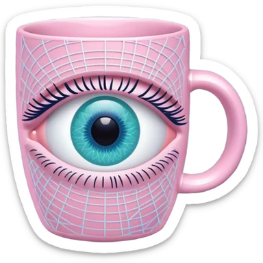 Neural network grid forming an eye with product-reflecting iris (e.g., coffee mug), soft pink (#FFB6C1) and mint (#98FF98) nodes on night blue (#000B1D) background sticker