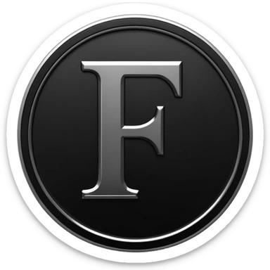Emoji icon of a black coin with engraved letter F, minimalist style, isolated, only black color sticker