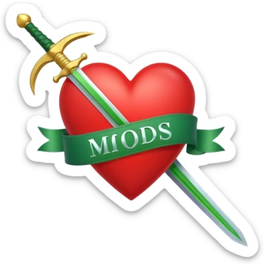 a red heart pierced by a green sword, with the text 'MODS' on a white ribbon sticker