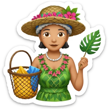 Hawaiian old woman with leaf hat and big trash net and colorful cloth sticker