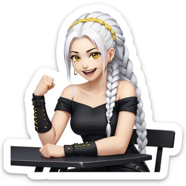 ghibli style, she is laughing outrageously and pounding her fist on the table, a closeup portrait of young woman with gold yellow eyes, white hair, long braid, black off-shoulder top, punk gothic style, futuristic cyberwave cyberpunk, sitting position
 sticker