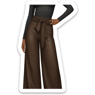 Dark brown High waisted leather wide leg pants with tie front sticker